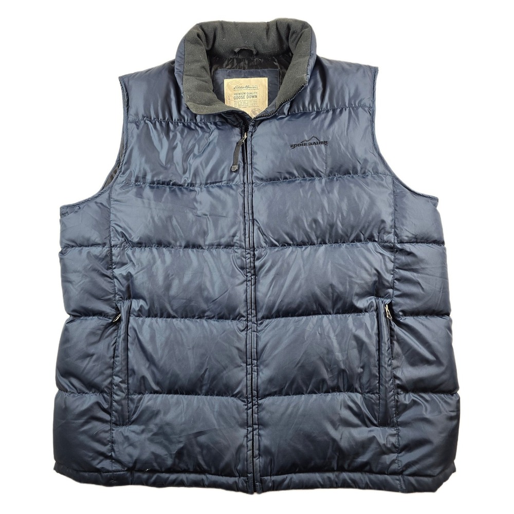 Eddie Bauer Goose Down Puffer Vest Mens XLT XL Tall Navy Blue Quilted Premium